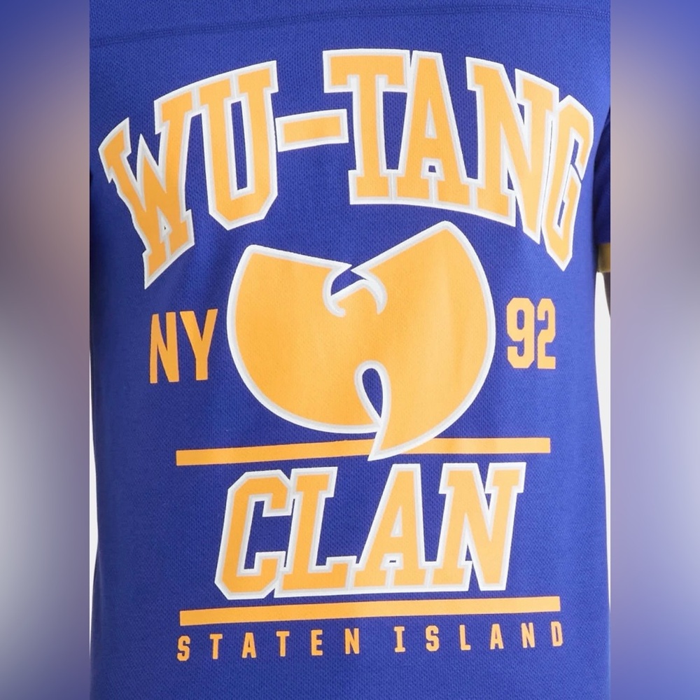 Men’s Wu-Tang Blue and Yellow Football Jersey Style Graphic Shirt - Picture 4 of 5